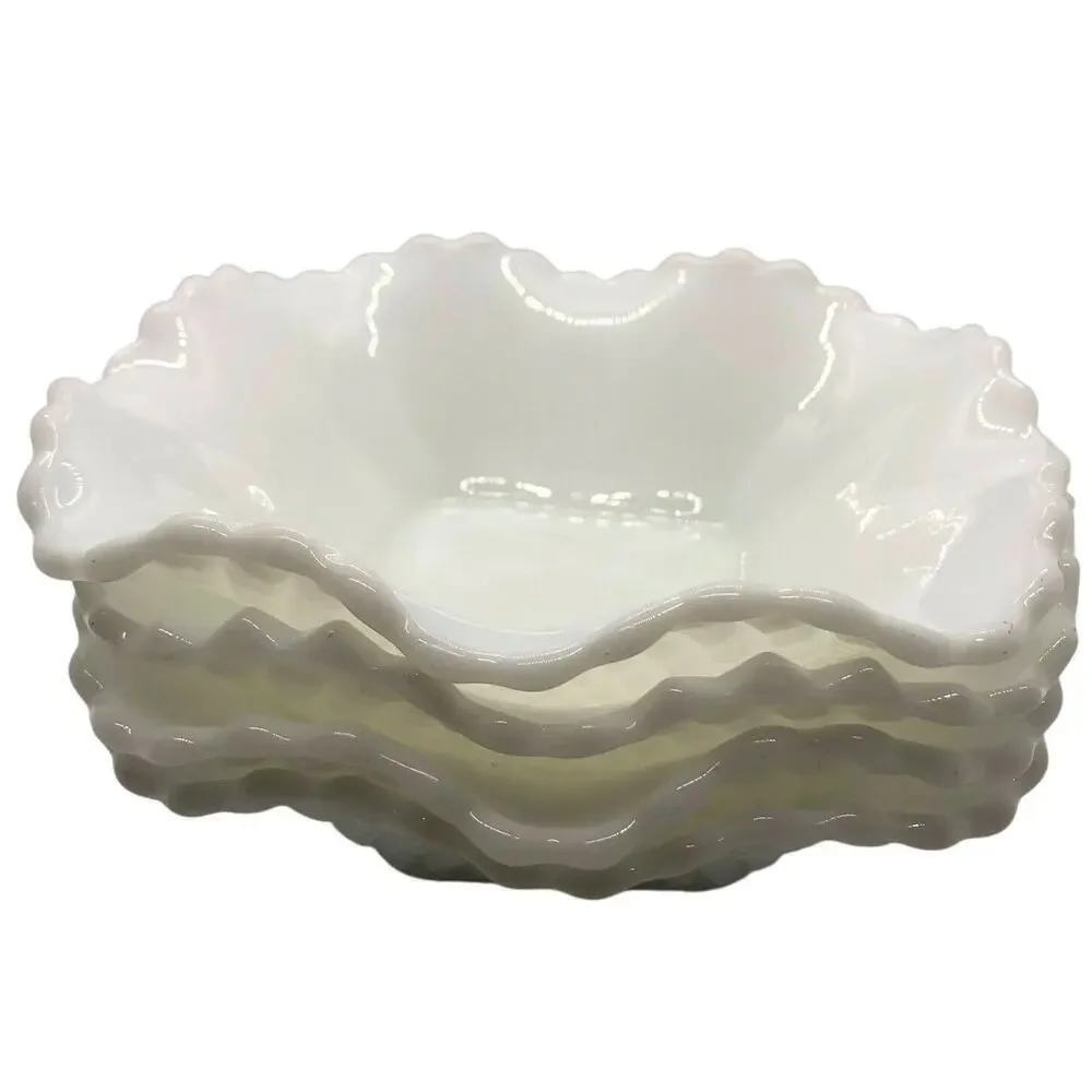 Milk Glass Square Candy Dish Bowl Diamond Pattern Ruffled Edge Set of 4
